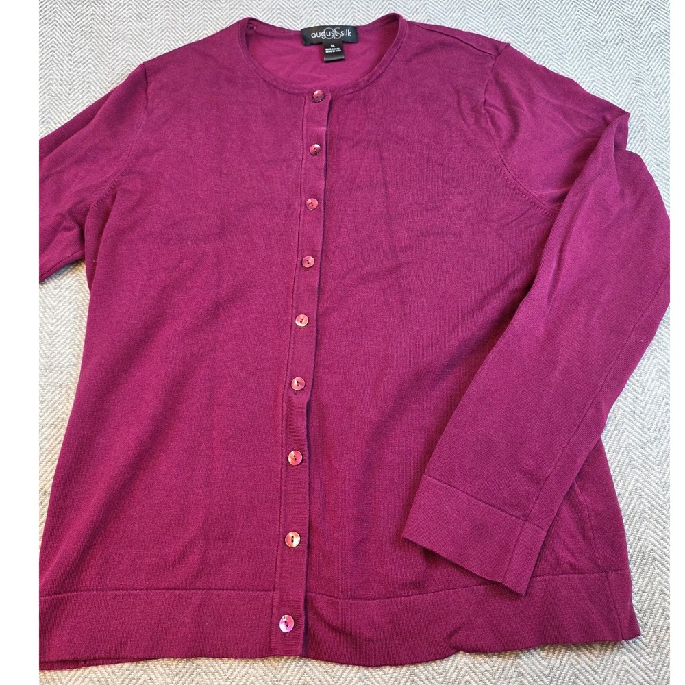 August Silk Cardigan Sweater Womens XL Berry Magenta Button Front Crew Neck Knit